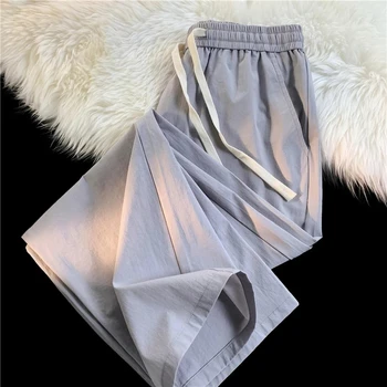 2023 Летни мъжки ежедневни тънки бързо съхнещи панталони, корейски модни дишащи широки панталони от ледената коприна, мъжки светло сив