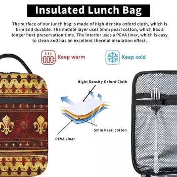 Fleur De Lis, червен мрамор и злато, термоизолированные чанти за обяд, чанта за обяд с цветя, лилии, за къмпинг, за пътуване, кутия за съхранение на продукти