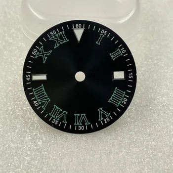 Аксесоари за часа: Dial часа 31 мм черен циферблат, римски, зелен люминесцентный за механизми NH34 / NH35 /NH36