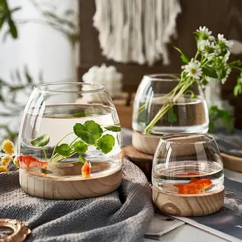 Ваза, Аквариум от Прозрачна стъклена аквариумная купа за аквариумни риби ваза за цветя растения с дървен държач за декорация на дома