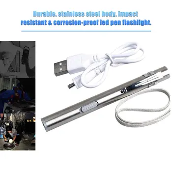 Горещ USB-акумулаторна мини джоб фенерче във формата на писалка, led фенерче с клипс от неръждаема стомана, сребърен джобен led фенерче-факел
