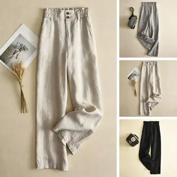 Дамски панталон с висока талия, еластичен колан, копчета, джобове на ширинке, офис женски директни широки панталони