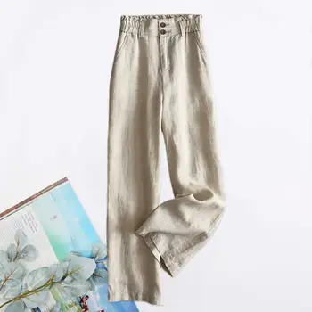 Дамски панталон с висока талия, еластичен колан, копчета, джобове на ширинке, офис женски директни широки панталони