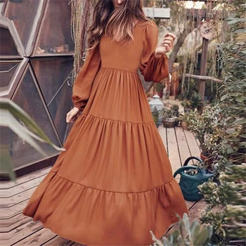 Дамско пролетно-есенни елегантна рокля с дълъг ръкав, есен дамское модно ежедневното свободно однотонное дълга рокля, нова градинска облекло в стил Дубайском