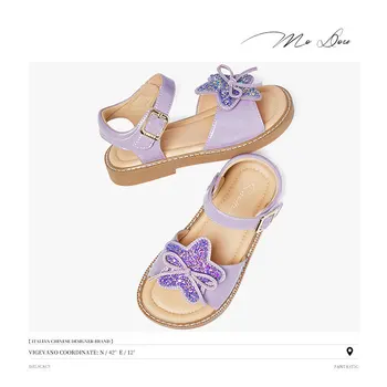 Кожени сандали Mo Dou за момичета, меки обувки на принцесата, сладък лък, звездни искри, нескользящий кука и контур, открит чорап в западен стил