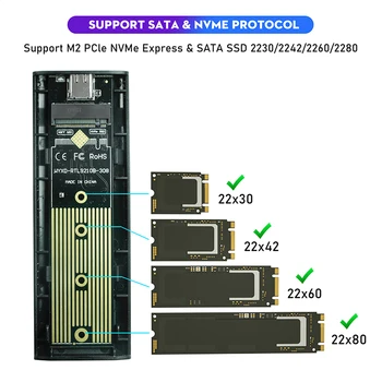 Нов M. 2 NVME PCIe NGFF SATA към USB 3,1 SSD Корпус Алуминиев Адаптер За 2230 2242 2260 2280 NVMe/SATA M2 SSD RTL9210B Двойна Протокол