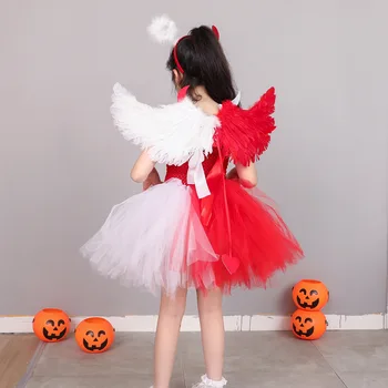 Червено, бяло, черно, костюми на ангели и демони за момичета, детски рокля-пакет за Хелоуин с криле, костюми за cosplay злото на дявола, детски дрехи
