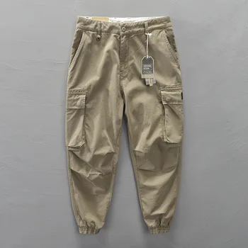 Японски панталони, модерни мъжки панталони-карго цвят Каки, ежедневни свободни панталони от чист памук, с много джобове, есенна мъжки дрехи, гащеризон