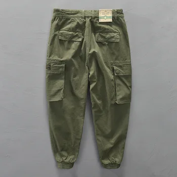 Японски панталони, модерни мъжки панталони-карго цвят Каки, ежедневни свободни панталони от чист памук, с много джобове, есенна мъжки дрехи, гащеризон